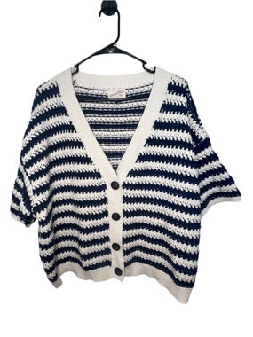 Universal Threads Navy And Cream Striped Button Up Short Sleeve Knit Cardigan